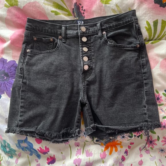 GAP exposed button fly raw hem black stretch denim shorts, 27 - Picture 1 of 6